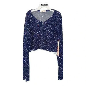 Kensie Girl Navy Blue Long Sleeve Floral Crop Top, Size 12